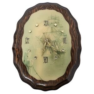 Vintage Lacquered Wood Sailboat Wall Clock Quartz Oval Nautical Design 12 Inch